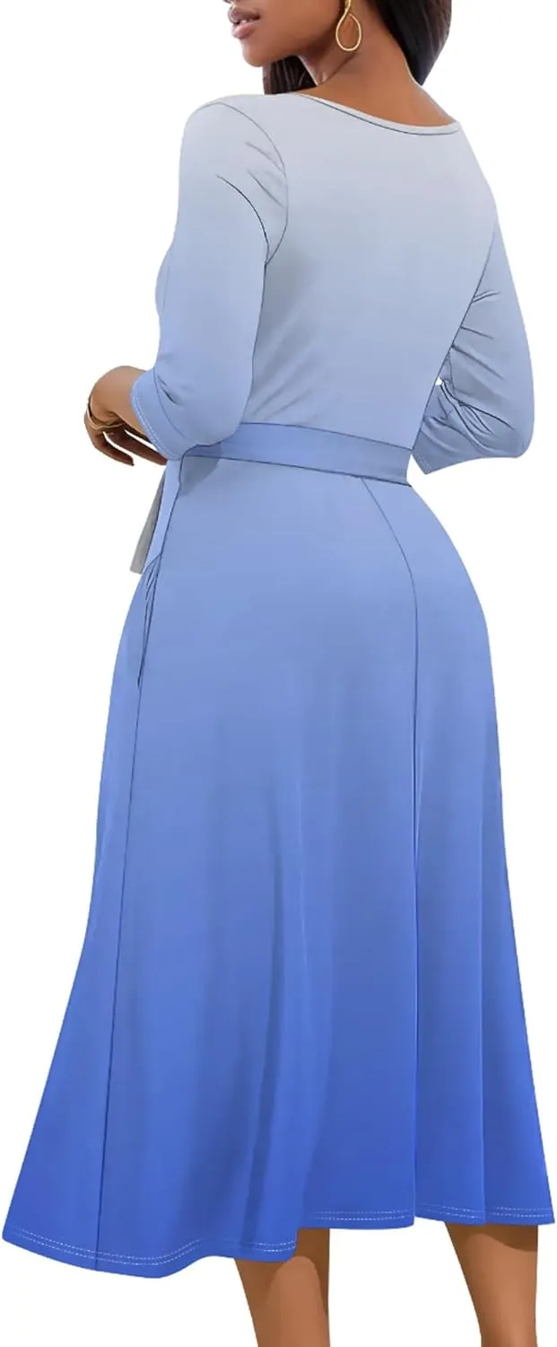 Women Fall Casual Sexy Bodycon Wrap Dresses 3/4 Sleeve Solid Color Bohemian Summer Sundress Swing Midi Dress with Pockets