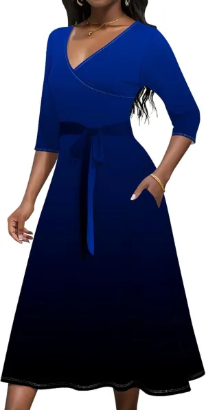 Women Fall Casual Sexy Bodycon Wrap Dresses 3/4 Sleeve Solid Color Bohemian Summer Sundress Swing Midi Dress with Pockets