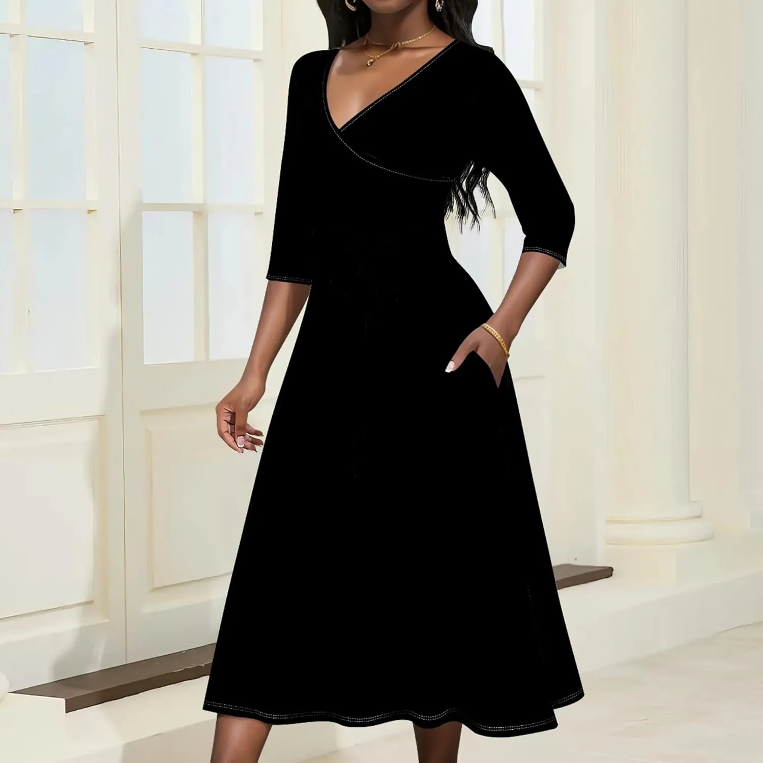 Women Fall Casual Sexy Bodycon Wrap Dresses 3/4 Sleeve Solid Color Bohemian Summer Sundress Swing Midi Dress with Pockets