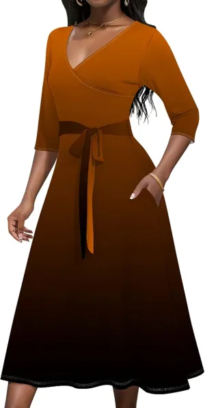 Women Fall Casual Sexy Bodycon Wrap Dresses 3/4 Sleeve Solid Color Bohemian Summer Sundress Swing Midi Dress with Pockets
