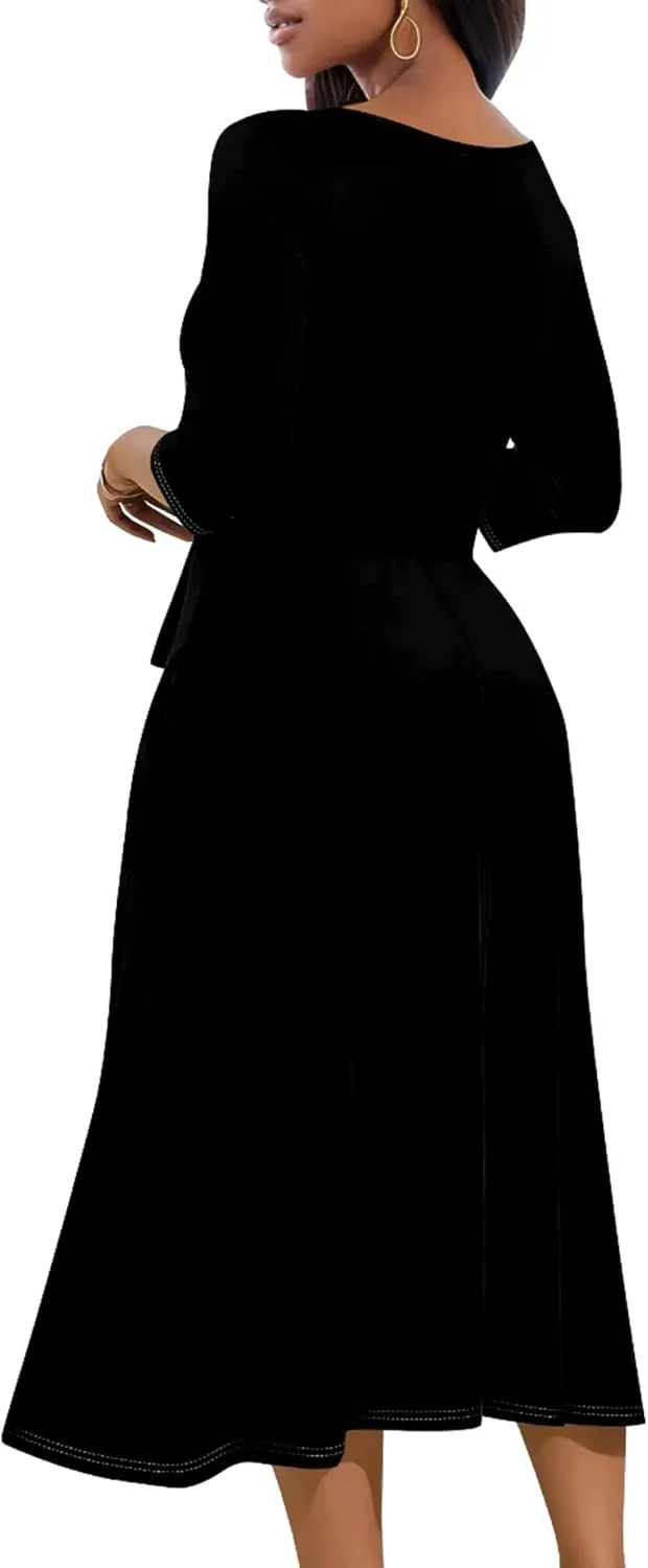 Women Fall Casual Sexy Bodycon Wrap Dresses 3/4 Sleeve Solid Color Bohemian Summer Sundress Swing Midi Dress with Pockets