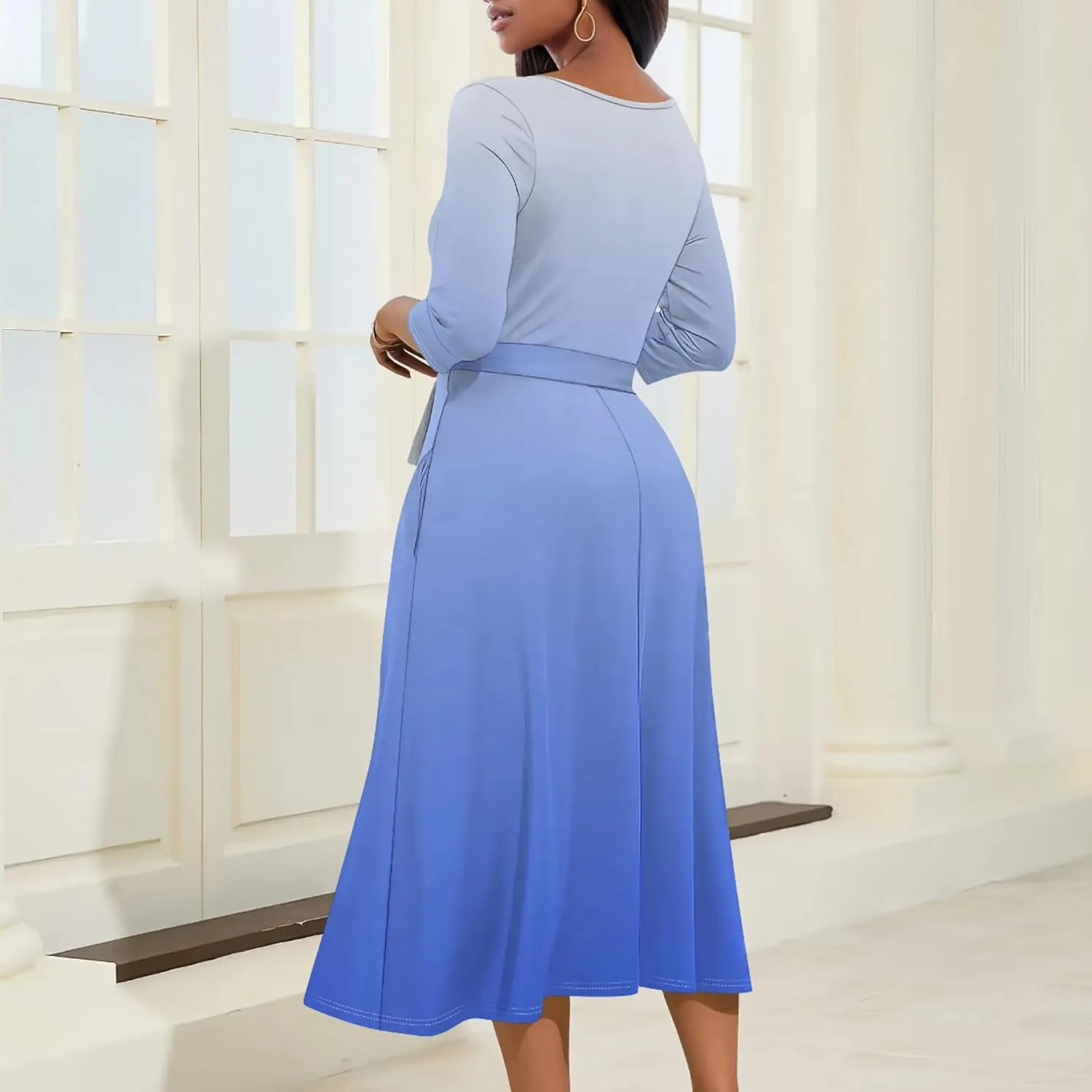 Women Fall Casual Sexy Bodycon Wrap Dresses 3/4 Sleeve Solid Color Bohemian Summer Sundress Swing Midi Dress with Pockets