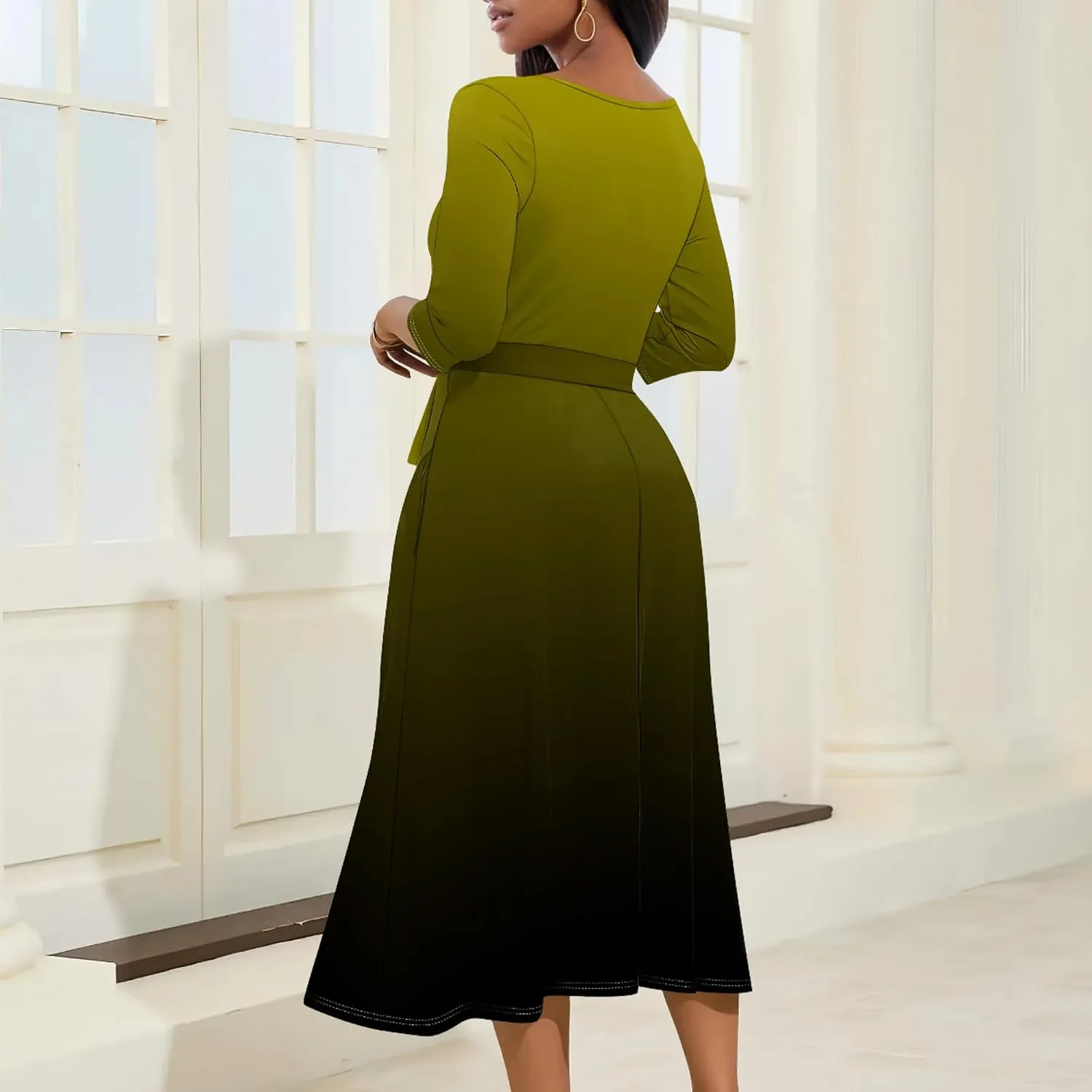 Women Fall Casual Sexy Bodycon Wrap Dresses 3/4 Sleeve Solid Color Bohemian Summer Sundress Swing Midi Dress with Pockets