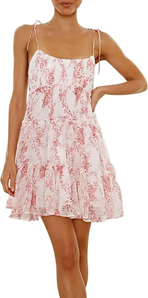 Women Floral Mini Dress Spaghetti Strap Ruffle Tiered Dress Cute Summer Chiffon Flowy Beach Vacation Sun Dresses