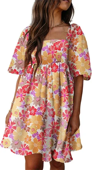 Women Floral Puff Sleeve Mini Dress Boho Ruffle A Line Babydoll Dress Cute Graphic Backless Summer Sundress