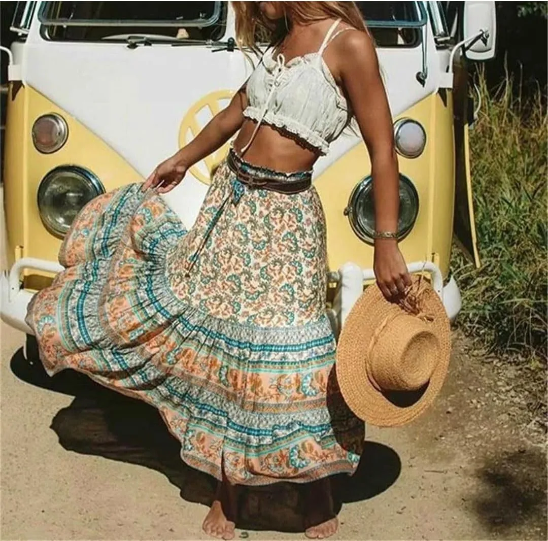 Women Gothic Floral Printed High Elastic Waist Beach Bohemian Skirt A-Line Midi Skirts