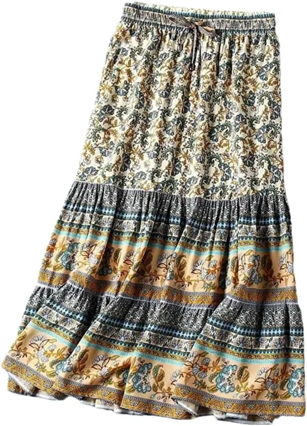 Women Gothic Floral Printed High Elastic Waist Beach Bohemian Skirt A-Line Midi Skirts