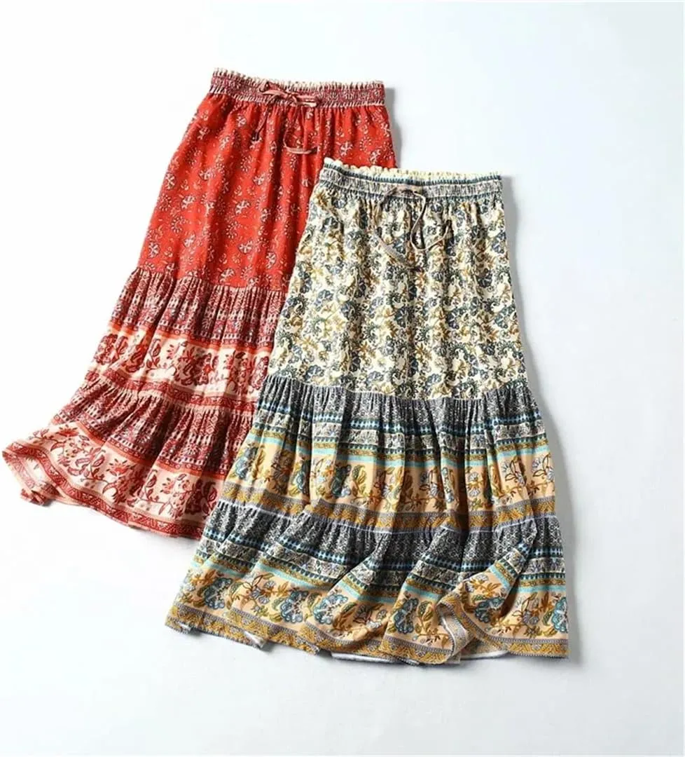 Women Gothic Floral Printed High Elastic Waist Beach Bohemian Skirt A-Line Midi Skirts