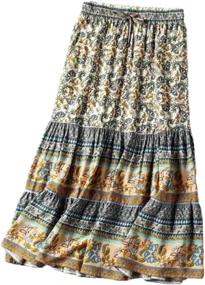 Women Gothic Floral Printed High Elastic Waist Beach Bohemian Skirt A-Line Midi Skirts