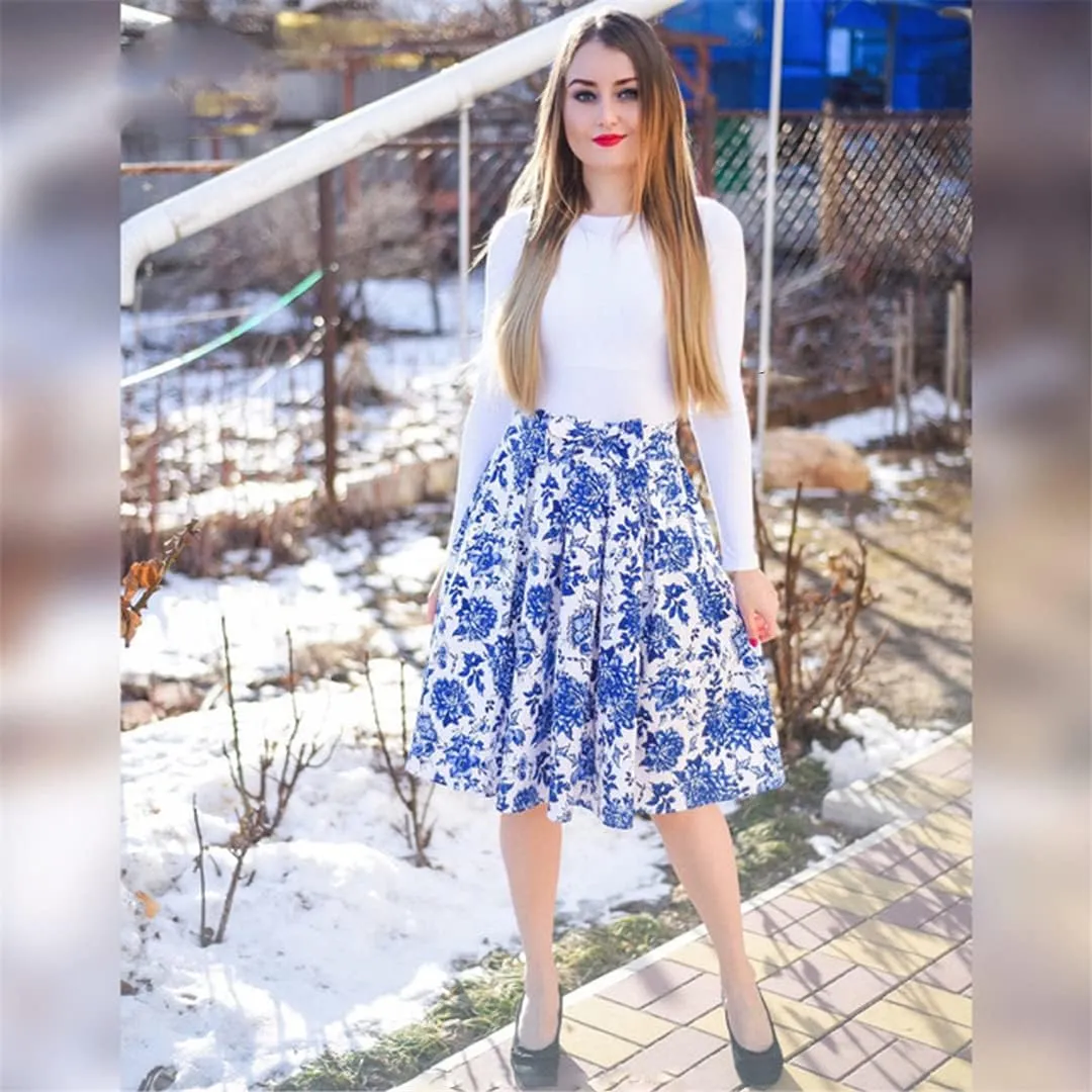 Women Gothic Floral Printed Pleated Skirt Summer High Waist Korean Harajuku Japanese Pinup Retro Vintage Midi Skirts