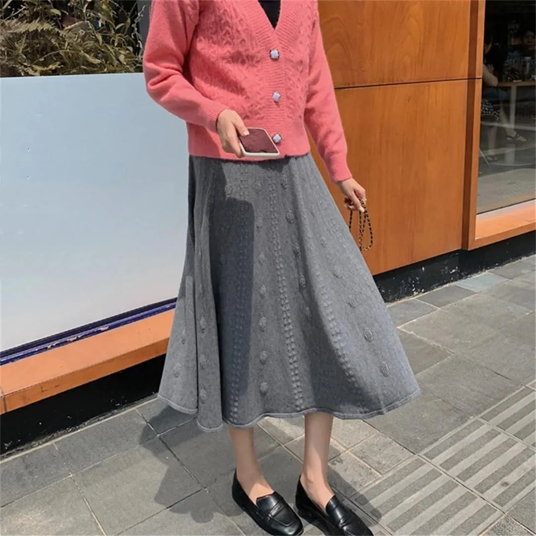 Women Knitted A Line Skirts Women High Waist Sweater Skirts Elegant Pleated Maxi Midi Skirt