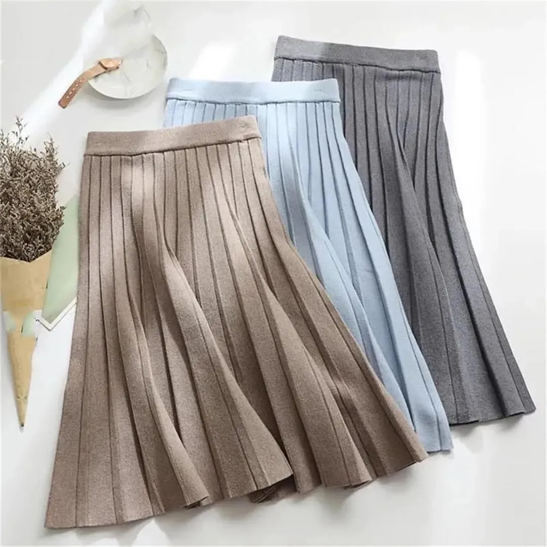 Women Knitted Midi Skirt Elegant A-Line High Waist Pleated Long Skirt Spring Autumn Winter Casual Skirt