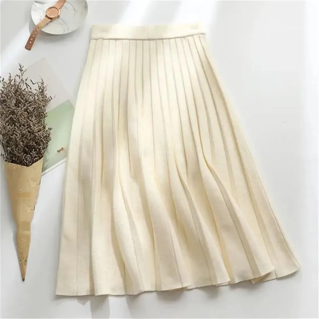 Women Knitted Midi Skirt Elegant A-Line High Waist Pleated Long Skirt Spring Autumn Winter Casual Skirt