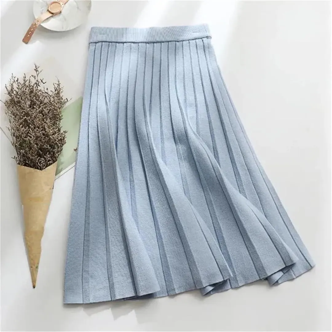 Women Knitted Midi Skirt Elegant A-Line High Waist Pleated Long Skirt Spring Autumn Winter Casual Skirt