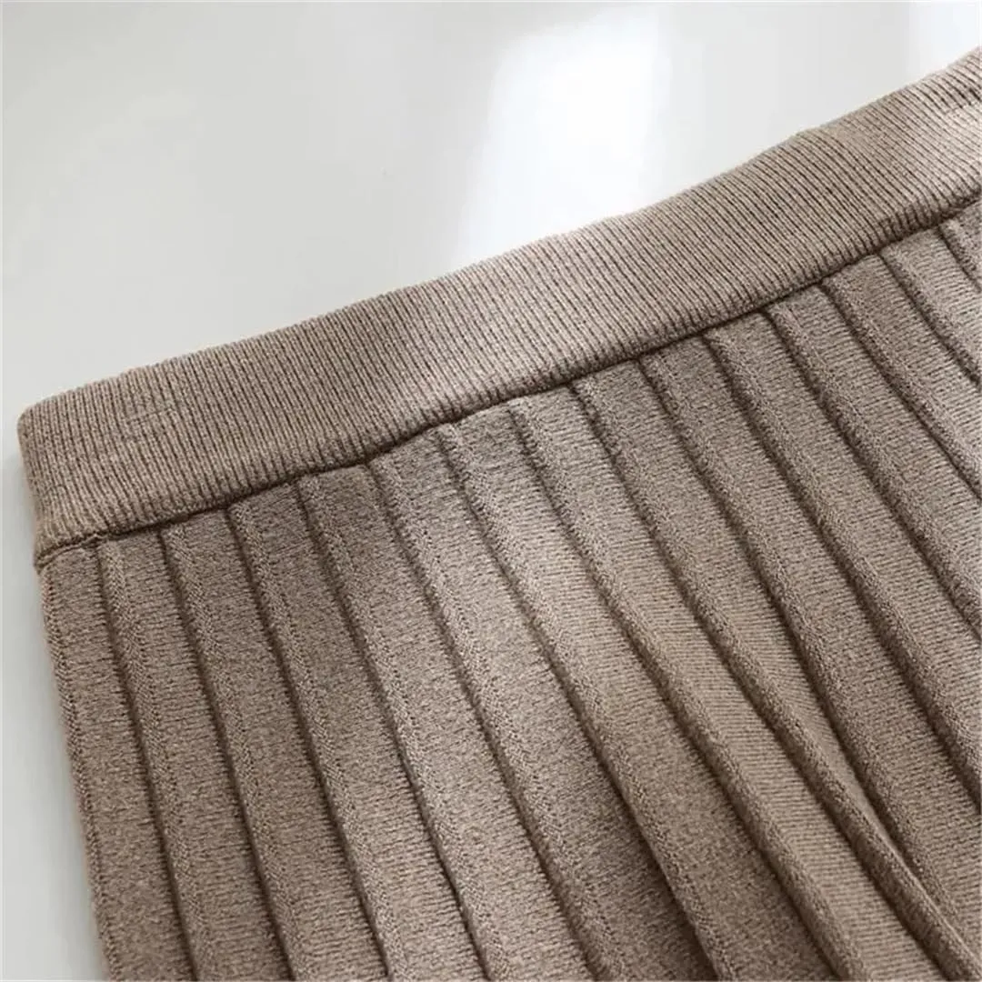 Women Knitted Midi Skirt Elegant A-Line High Waist Pleated Long Skirt Spring Autumn Winter Casual Skirt