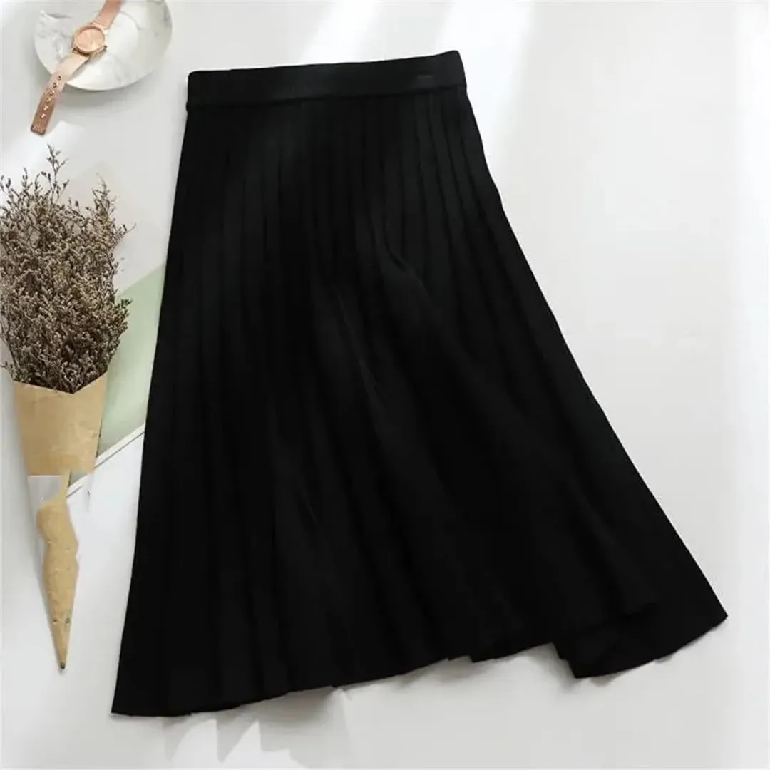 Women Knitted Midi Skirt Elegant A-Line High Waist Pleated Long Skirt Spring Autumn Winter Casual Skirt