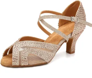 Women Latin Salsa Dance Heels Rhinestones Ballroom Wedding Perfermence Dancing Shoes,Model QRX1025