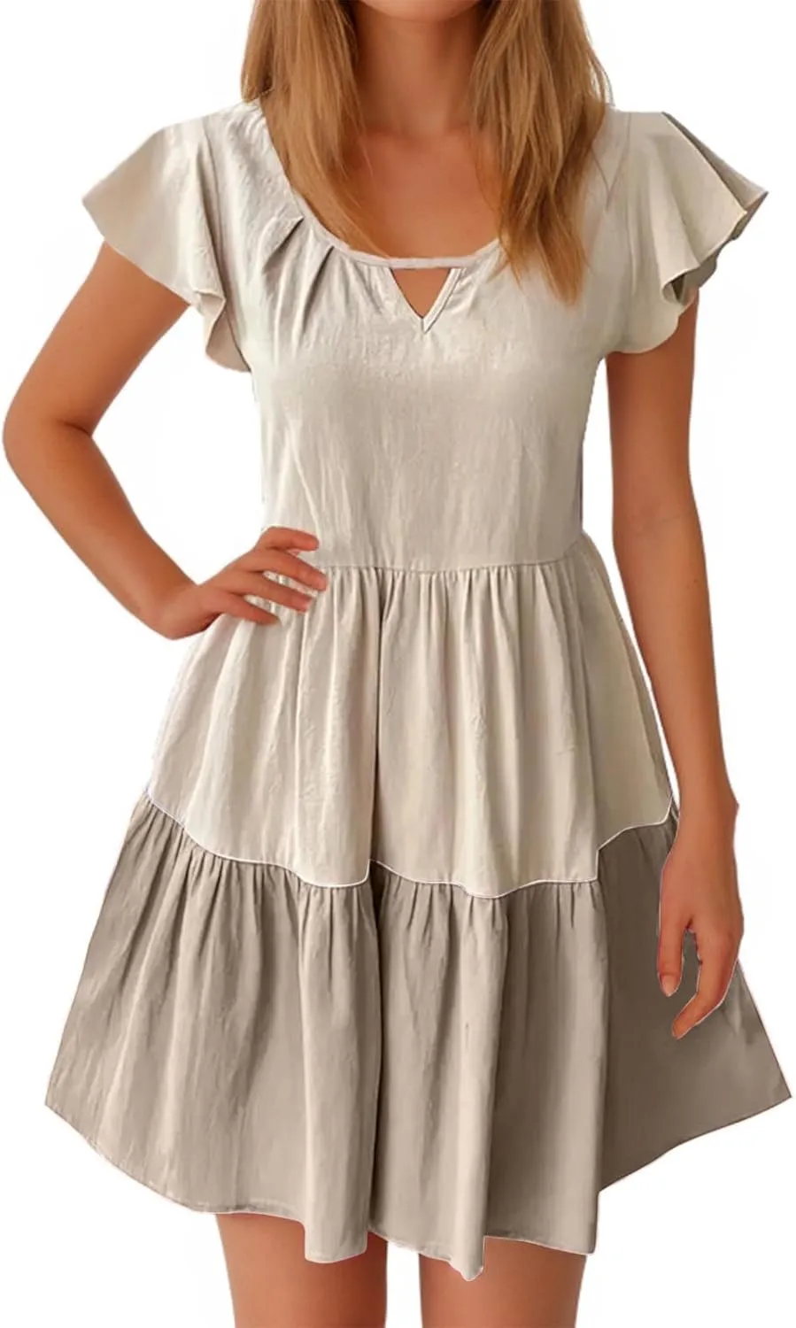 Women Ruffle Sleeve Mini Dress Fashion Color Block Notch V Neck Lounge Dresses Novelty Going Out T-Shirt Dress