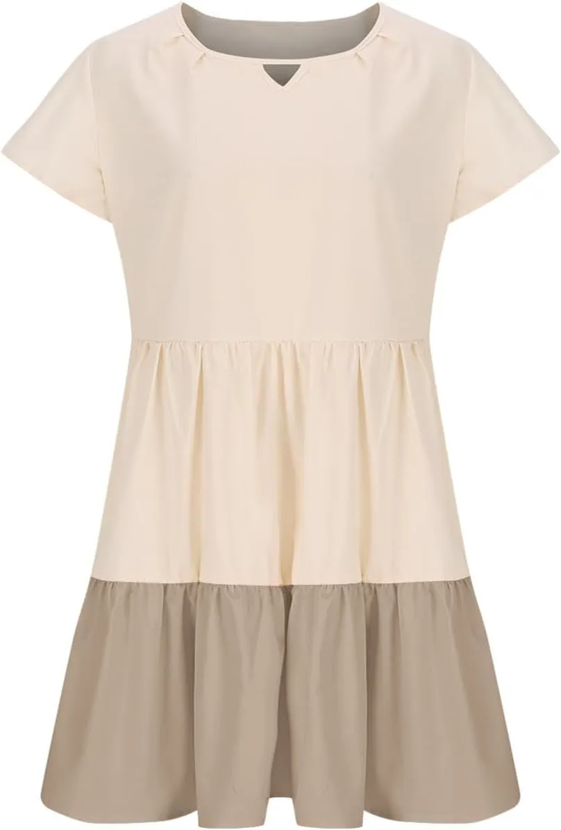 Women Ruffle Sleeve Mini Dress Fashion Color Block Notch V Neck Lounge Dresses Novelty Going Out T-Shirt Dress