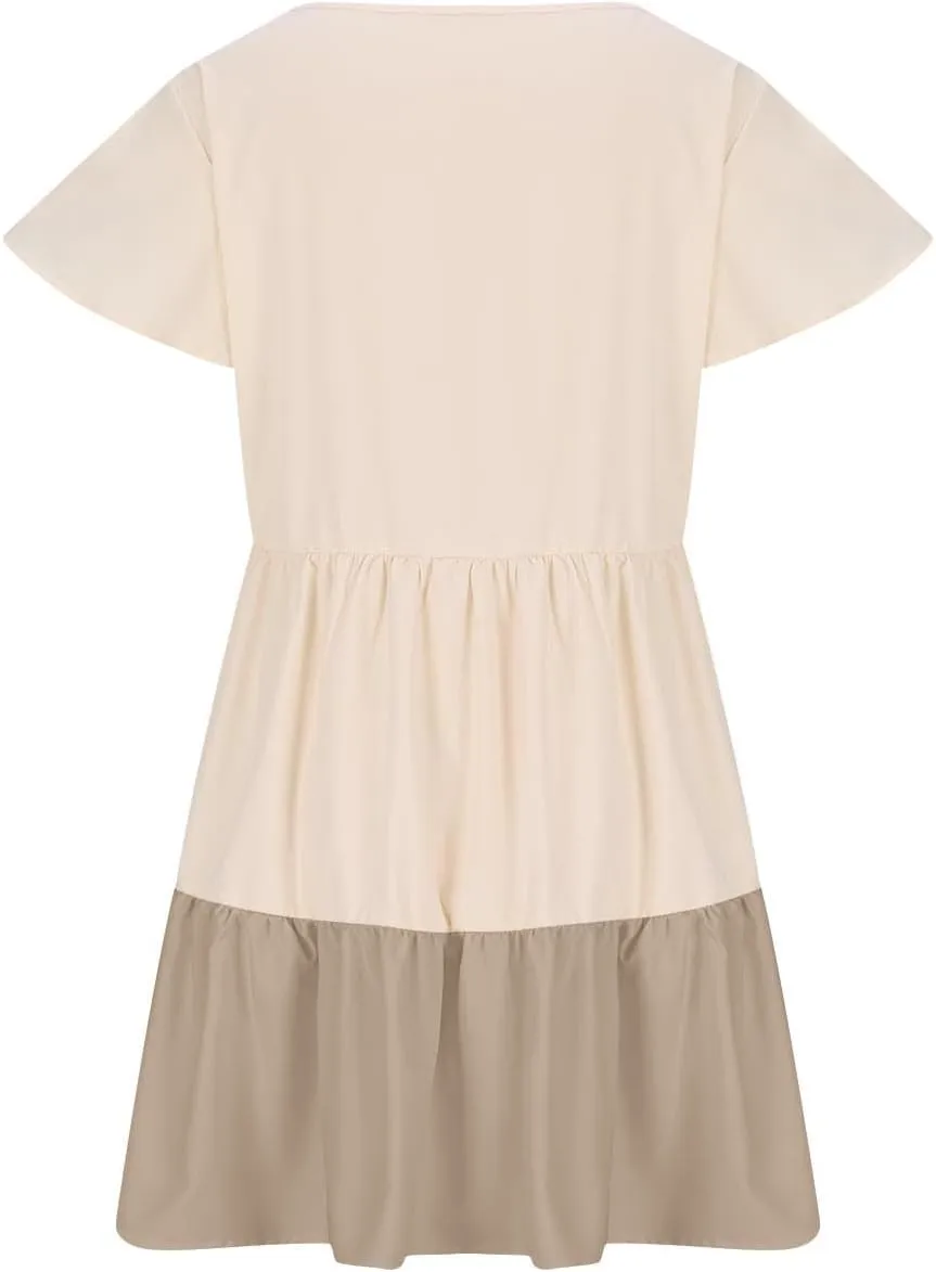 Women Ruffle Sleeve Mini Dress Fashion Color Block Notch V Neck Lounge Dresses Novelty Going Out T-Shirt Dress