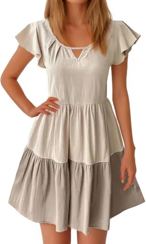 Women Ruffle Sleeve Mini Dress Fashion Color Block Notch V Neck Lounge Dresses Novelty Going Out T-Shirt Dress