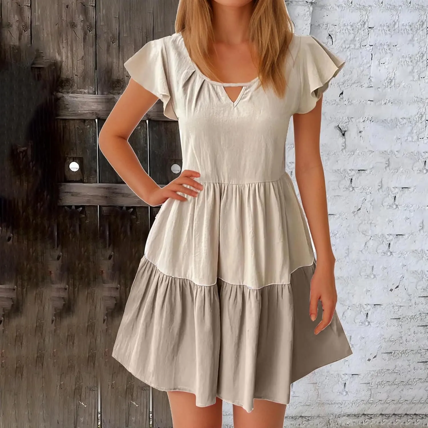 Women Ruffle Sleeve Mini Dress Fashion Color Block Notch V Neck Lounge Dresses Novelty Going Out T-Shirt Dress