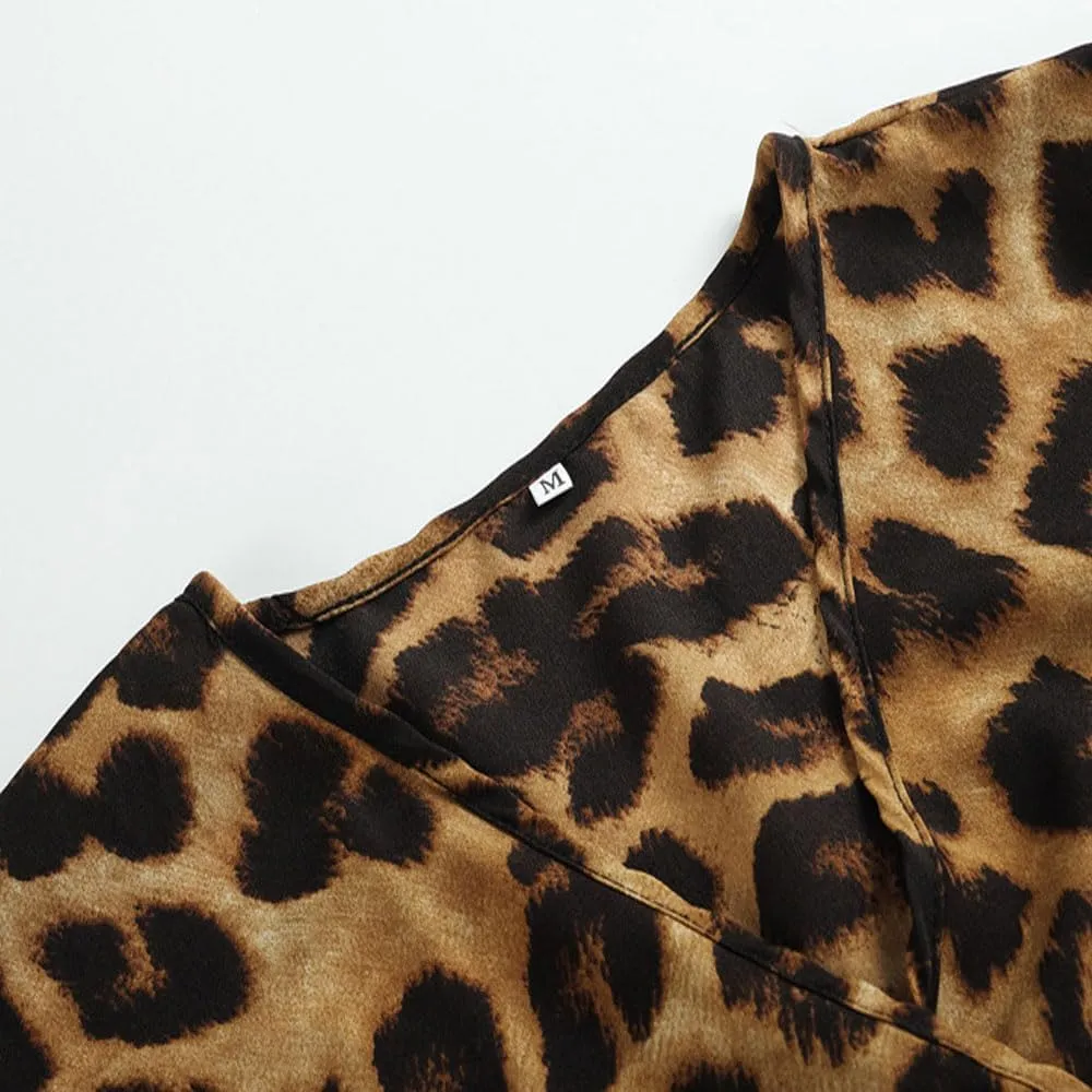 Women Sexy Leopard Print Midi Dress Long Sleeve Tie Wrap Dresses for Women V-Neck Ladies Casual Dress Autumn Winter