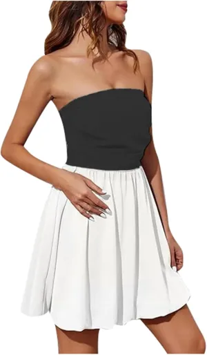Women Sexy Strapless Ruched Tube Mini Dress Y2K Sleeveless Off Shoulder Flowy Ruffle Backless Bodycon Short Dress
