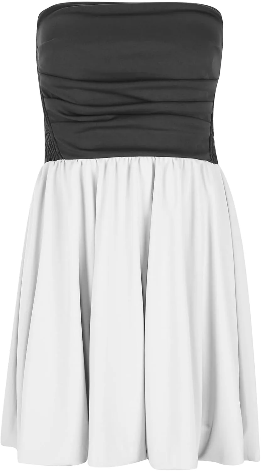 Women Sexy Strapless Ruched Tube Mini Dress Y2K Sleeveless Off Shoulder Flowy Ruffle Backless Bodycon Short Dress