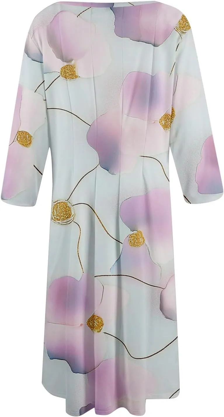 Women Spring Dresses Crewneck 3/4 Sleeve Midi Dresses Floral A Line Dress Summer Flowy Beach Dresses with Pocket