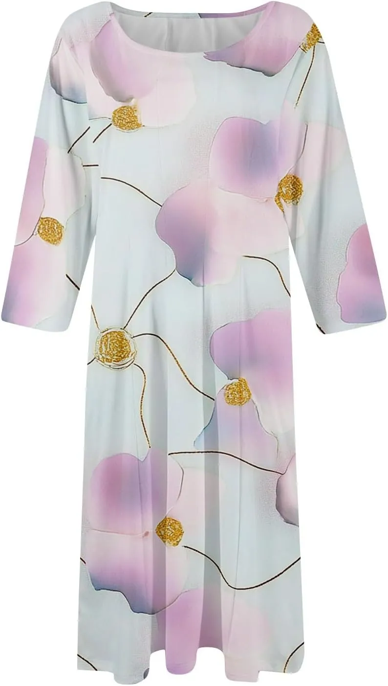 Women Spring Dresses Crewneck 3/4 Sleeve Midi Dresses Floral A Line Dress Summer Flowy Beach Dresses with Pocket
