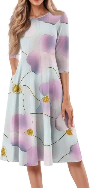 Women Spring Dresses Crewneck 3/4 Sleeve Midi Dresses Floral A Line Dress Summer Flowy Beach Dresses with Pocket