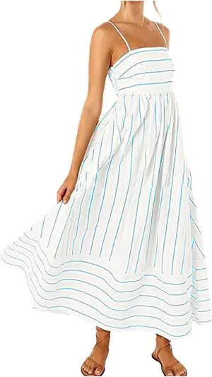 Women Stripe Sleeveless Camisole Dress Plus Size Backless Suspender Dress Summer Flowy Sundress Casual Party Dresses