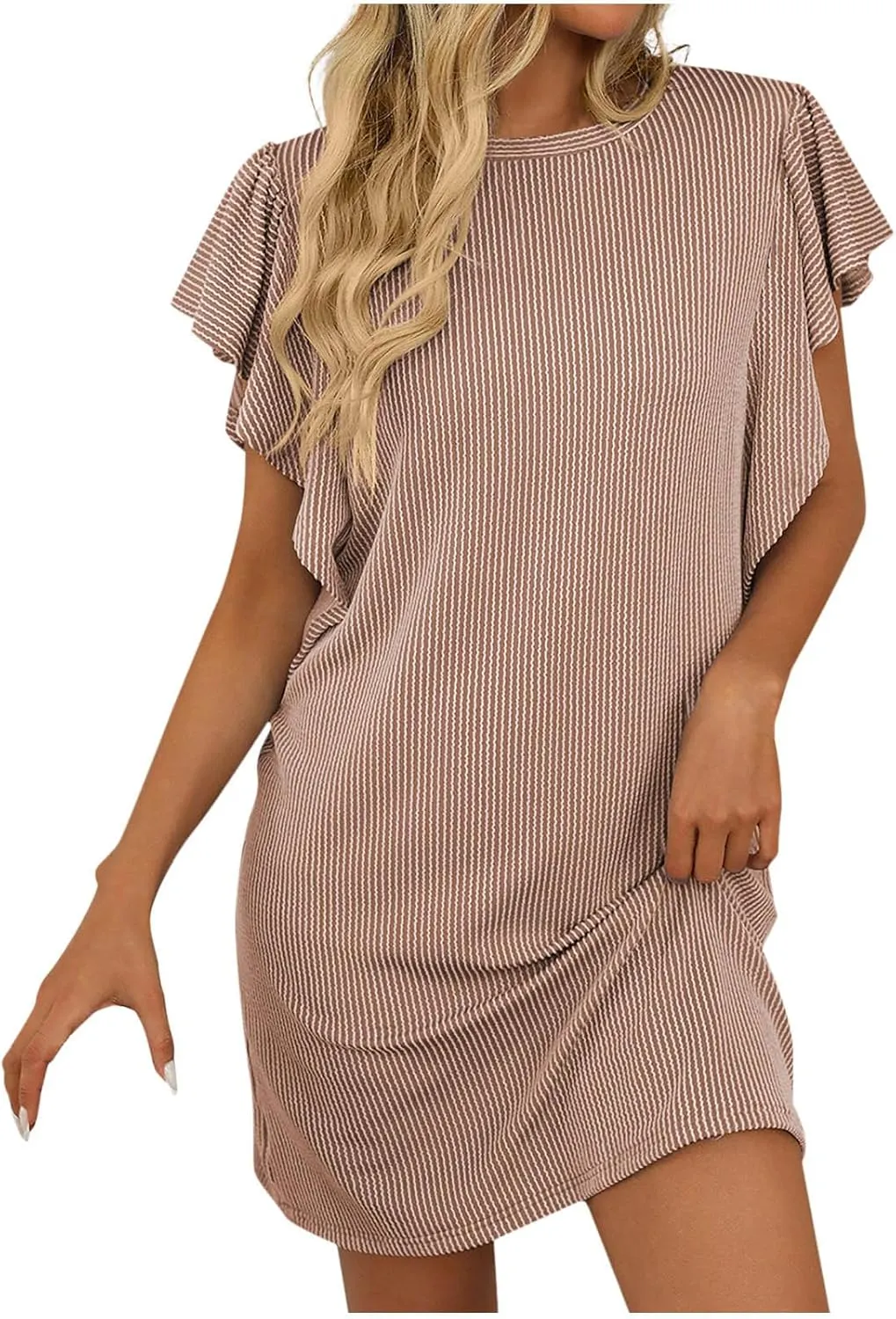 Women Summer Ruffle Sleeve Dresses Casual Beach Mini Dress Textured Striped Shift T-Shirt Dress Going Out Outfits
