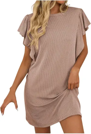 Women Summer Ruffle Sleeve Dresses Casual Beach Mini Dress Textured Striped Shift T-Shirt Dress Going Out Outfits