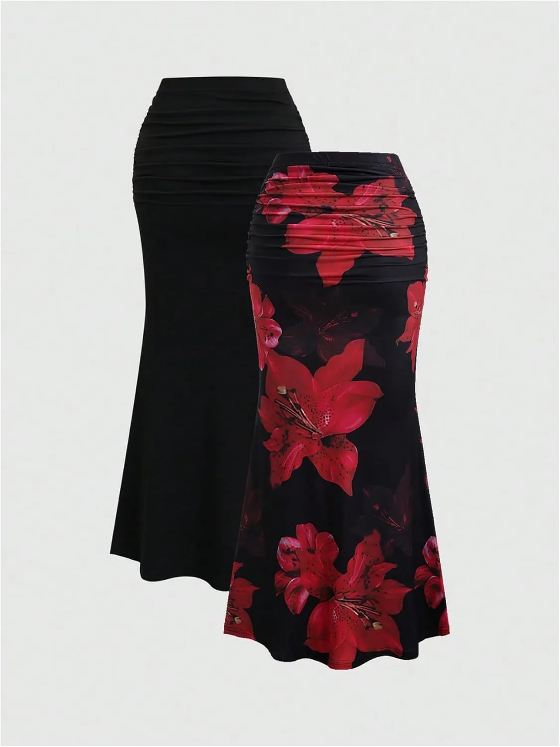 Women's 2 Pack Fishtail Skirt Elegant Floral Ruched Skinny Bodycon Long Skirts