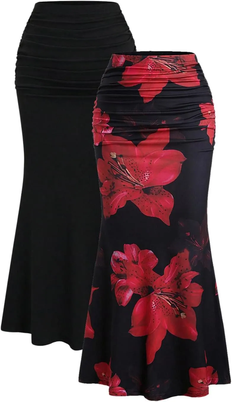 Women's 2 Pack Fishtail Skirt Elegant Floral Ruched Skinny Bodycon Long Skirts