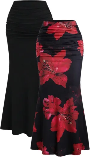 Women's 2 Pack Fishtail Skirt Elegant Floral Ruched Skinny Bodycon Long Skirts