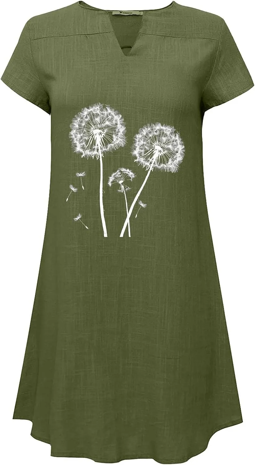 Womens 2025 Cotton Linen T Shirts Dress Summer Casual V Neck Short Sleeve Mini Dresses Floral Print Beach Sundress