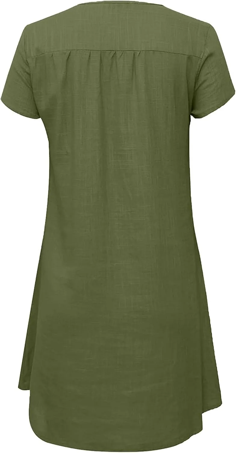 Womens 2025 Cotton Linen T Shirts Dress Summer Casual V Neck Short Sleeve Mini Dresses Floral Print Beach Sundress