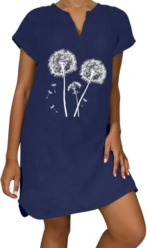 Womens 2025 Cotton Linen T Shirts Dress Summer Casual V Neck Short Sleeve Mini Dresses Floral Print Beach Sundress