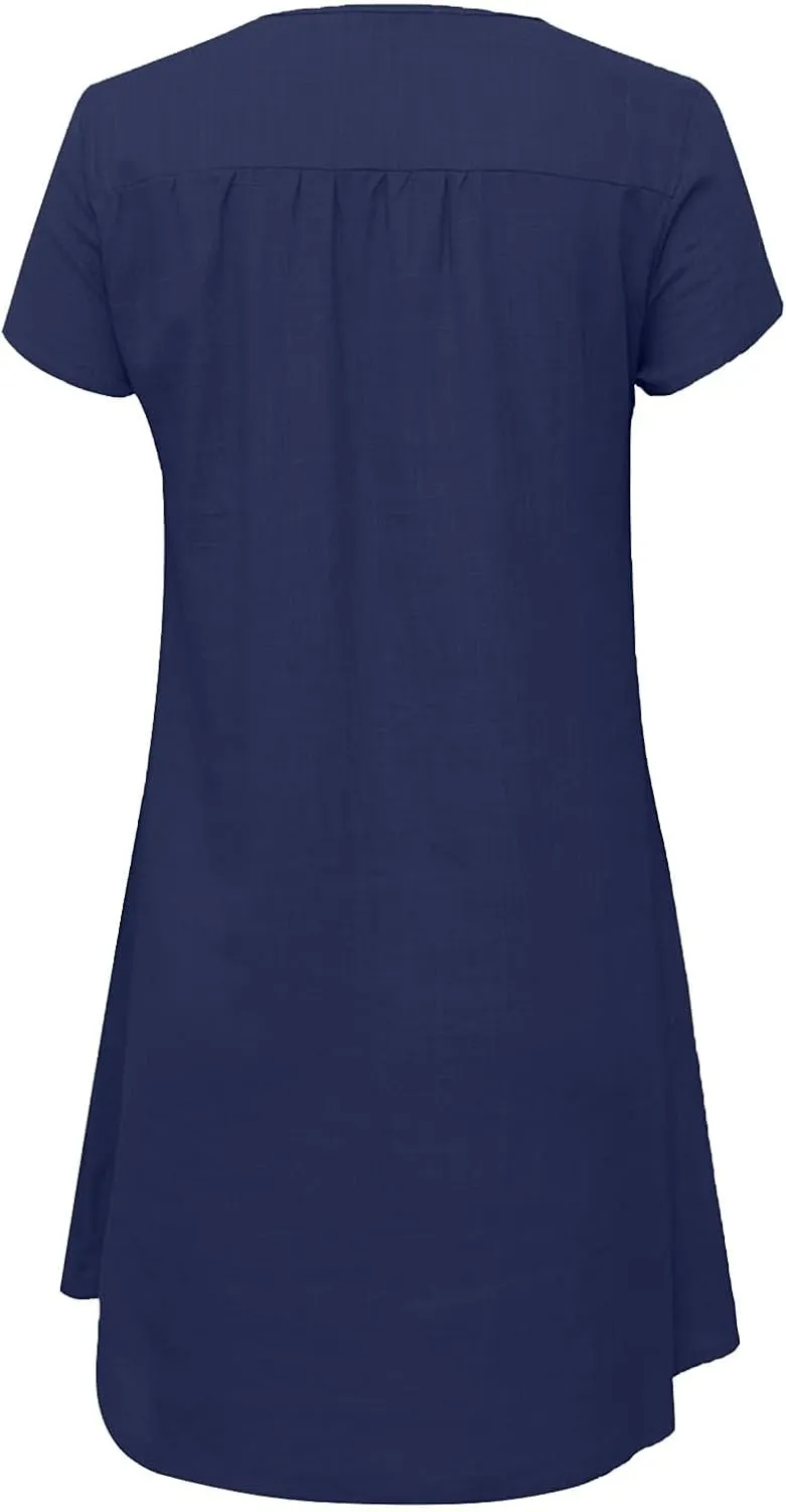 Womens 2025 Cotton Linen T Shirts Dress Summer Casual V Neck Short Sleeve Mini Dresses Floral Print Beach Sundress
