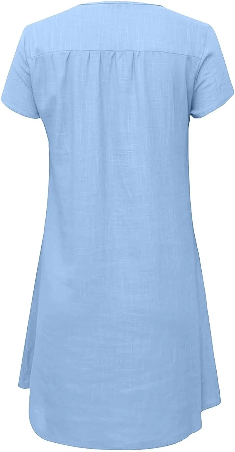 Womens 2025 Cotton Linen T Shirts Dress Summer Casual V Neck Short Sleeve Mini Dresses Floral Print Beach Sundress