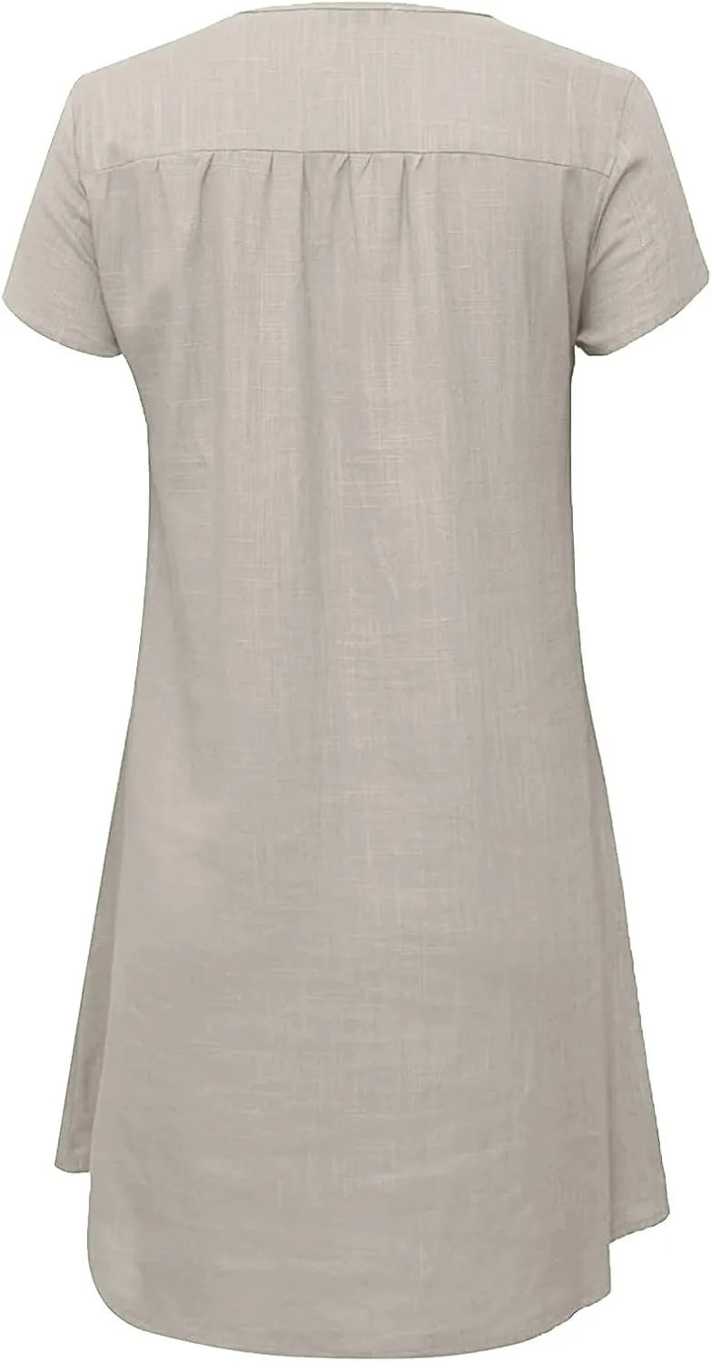 Womens 2025 Cotton Linen T Shirts Dress Summer Casual V Neck Short Sleeve Mini Dresses Floral Print Beach Sundress