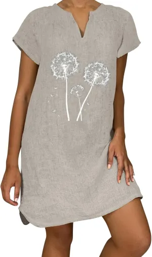 Womens 2025 Cotton Linen T Shirts Dress Summer Casual V Neck Short Sleeve Mini Dresses Floral Print Beach Sundress
