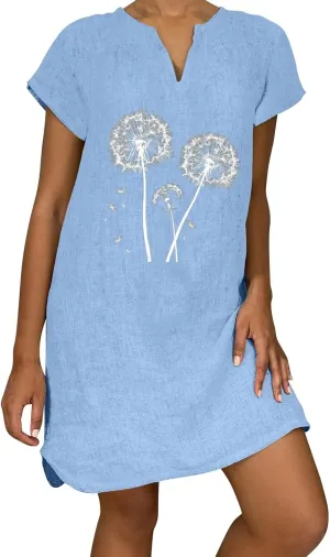 Womens 2025 Cotton Linen T Shirts Dress Summer Casual V Neck Short Sleeve Mini Dresses Floral Print Beach Sundress
