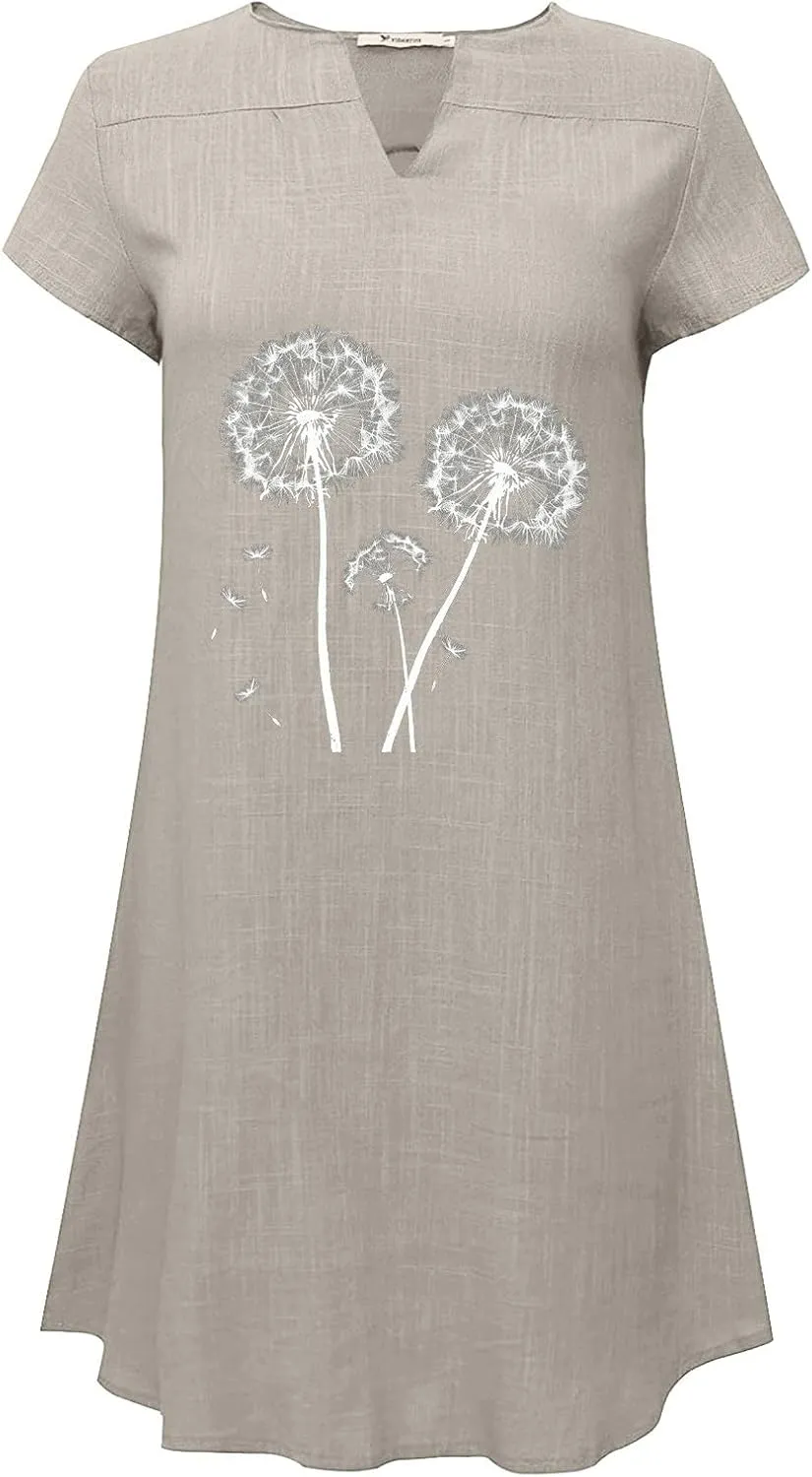 Womens 2025 Cotton Linen T Shirts Dress Summer Casual V Neck Short Sleeve Mini Dresses Floral Print Beach Sundress