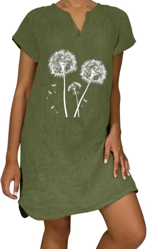 Womens 2025 Cotton Linen T Shirts Dress Summer Casual V Neck Short Sleeve Mini Dresses Floral Print Beach Sundress