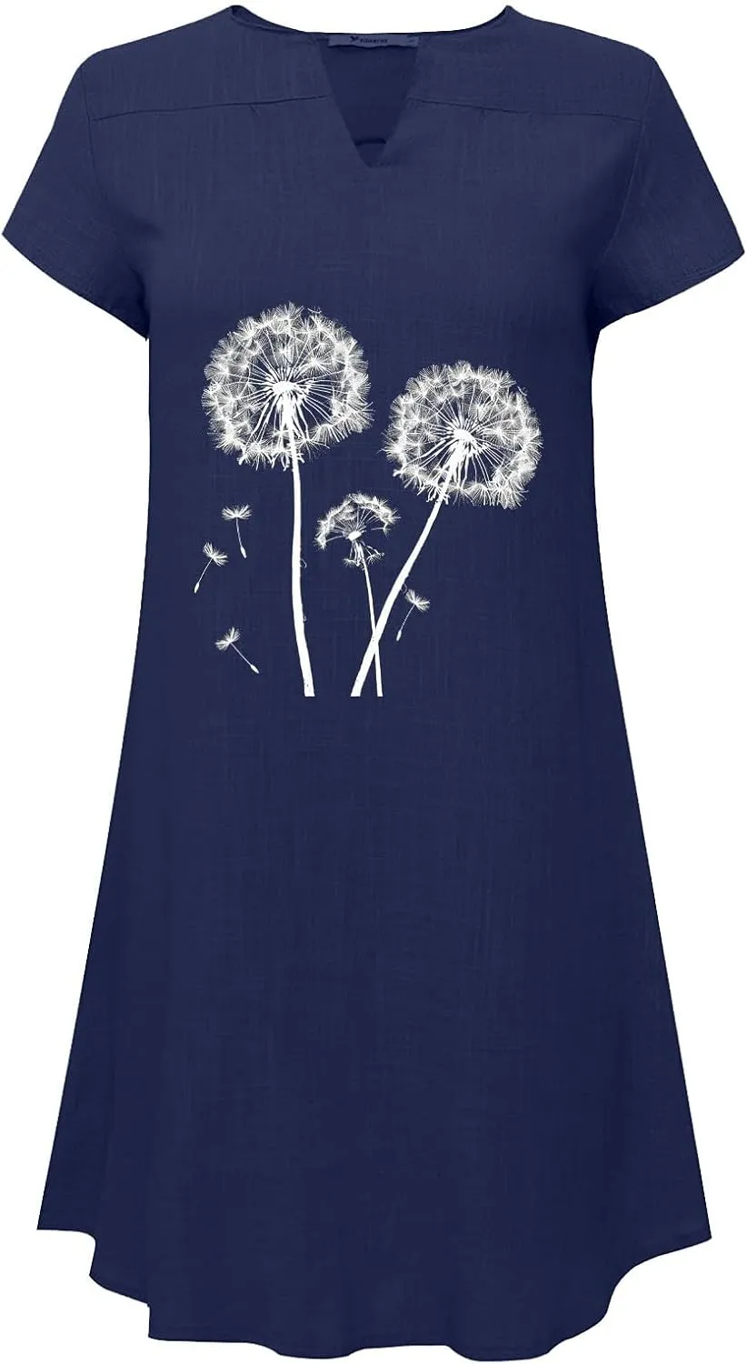 Womens 2025 Cotton Linen T Shirts Dress Summer Casual V Neck Short Sleeve Mini Dresses Floral Print Beach Sundress