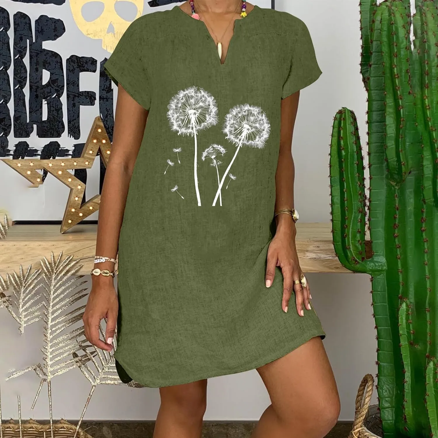 Womens 2025 Cotton Linen T Shirts Dress Summer Casual V Neck Short Sleeve Mini Dresses Floral Print Beach Sundress